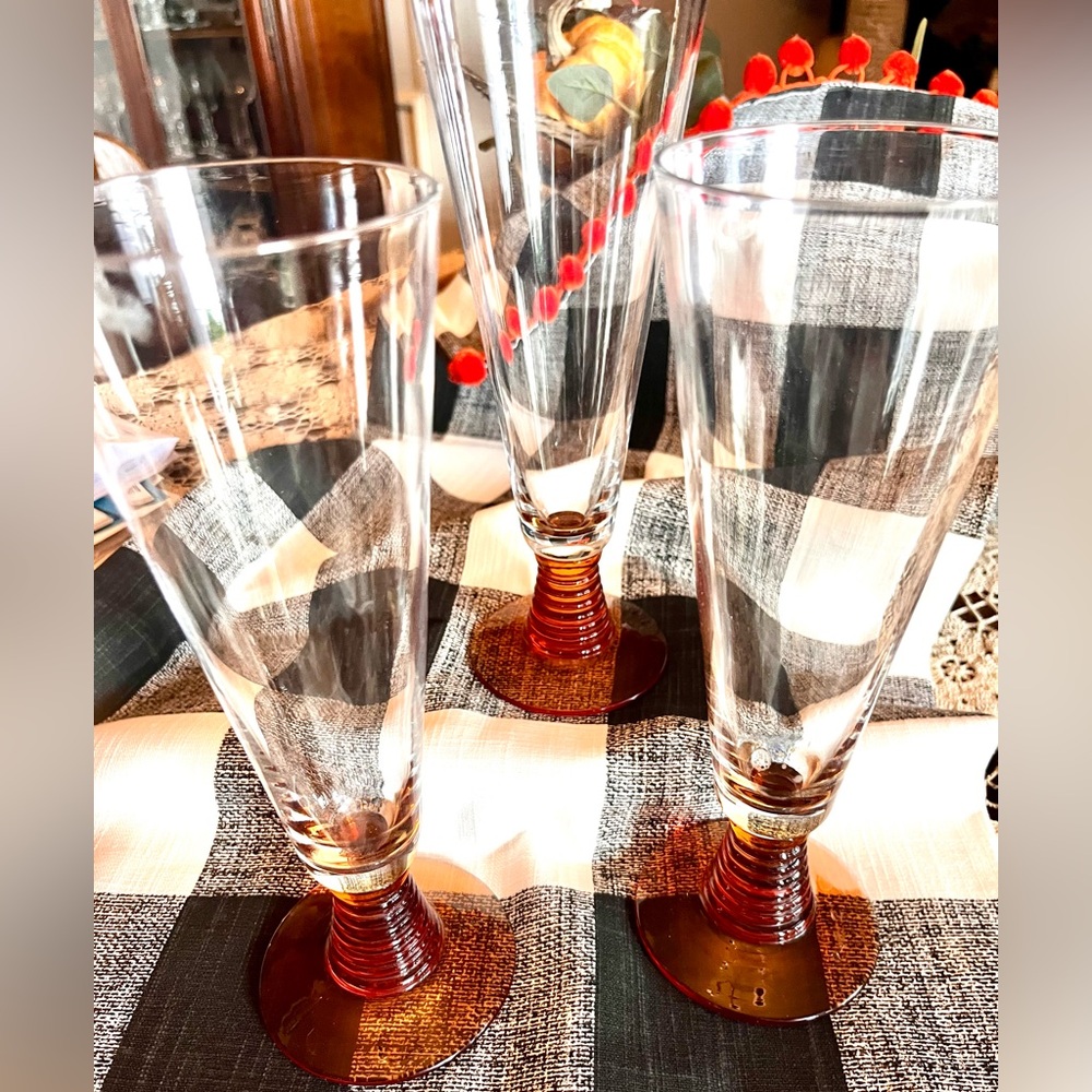 Mid-century Modern Pilsner Glasses Ribbed Amber Base Set of 3